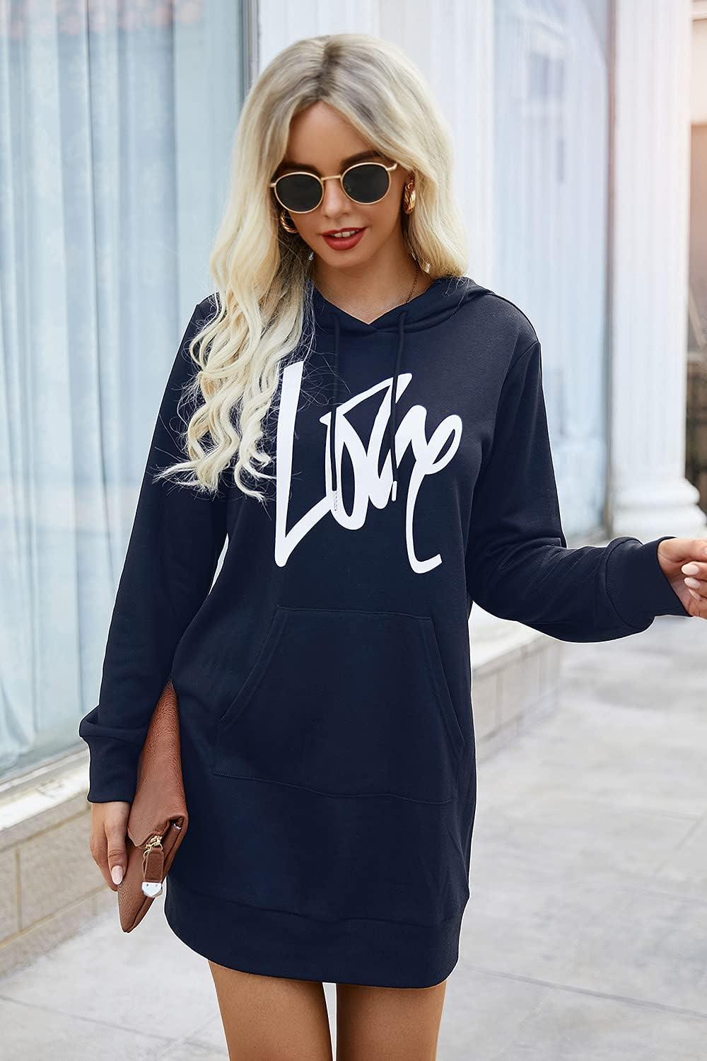 imagePRETTYGARDEN Womens Hooded Sweatshirt Fall Fashion Drawstring Lightweight Long Sleeve Pullover Hoodie DressNavy