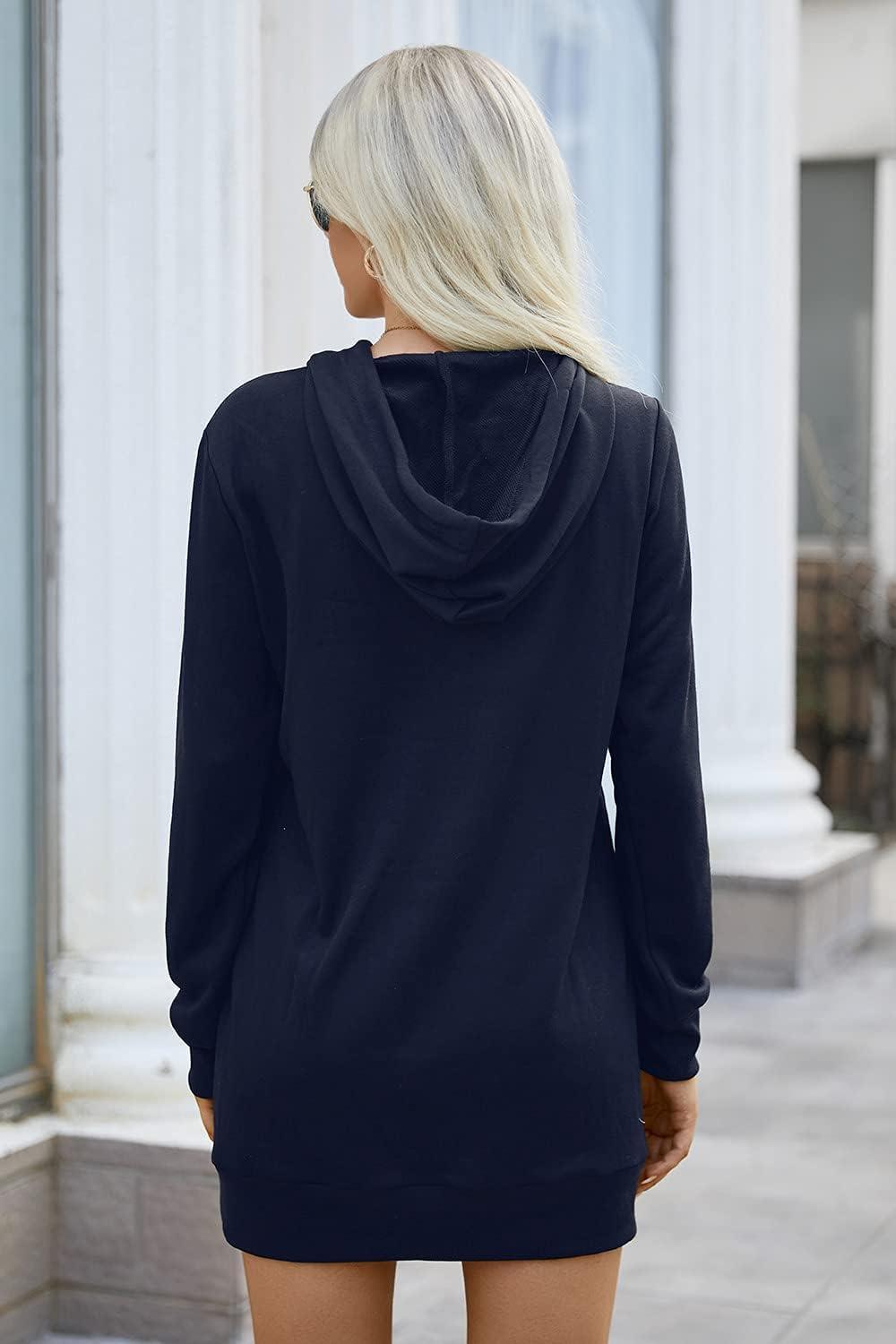 imagePRETTYGARDEN Womens Hooded Sweatshirt Fall Fashion Drawstring Lightweight Long Sleeve Pullover Hoodie DressNavy