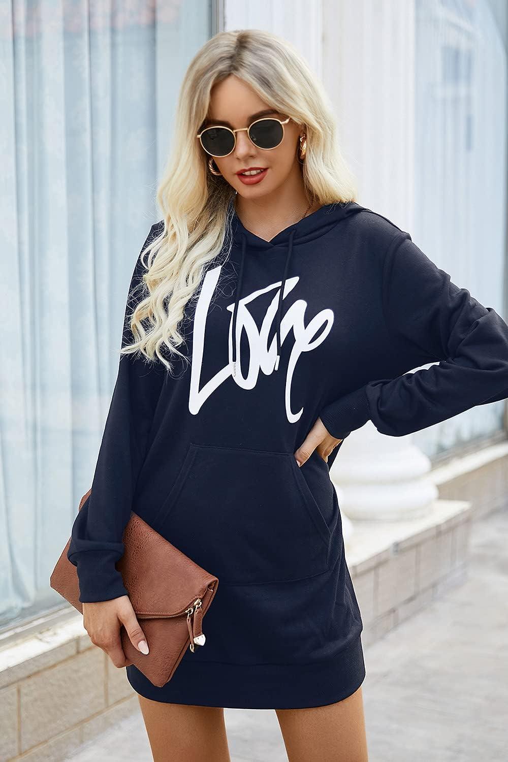 imagePRETTYGARDEN Womens Hooded Sweatshirt Fall Fashion Drawstring Lightweight Long Sleeve Pullover Hoodie DressNavy