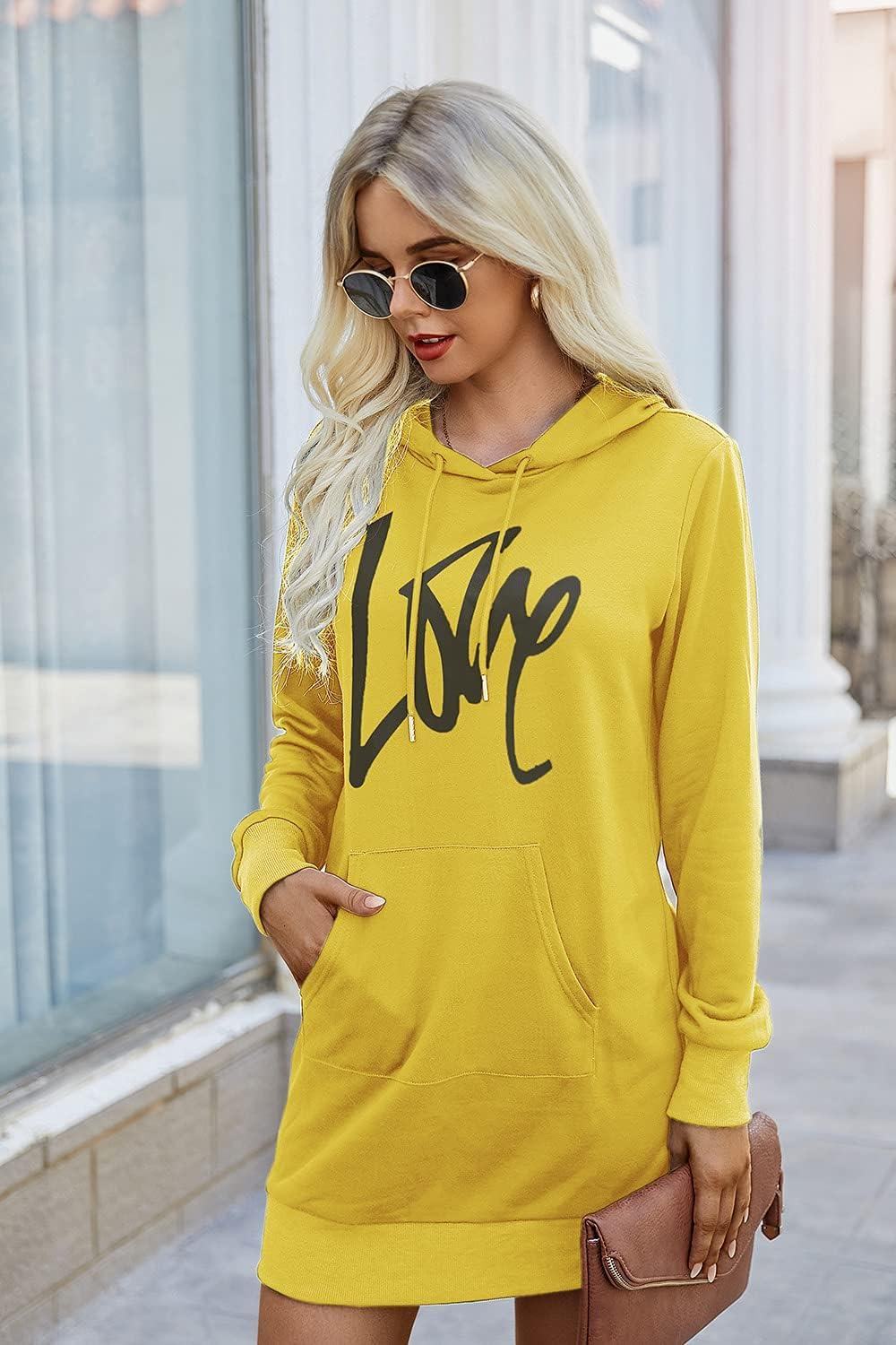 imagePRETTYGARDEN Womens Hooded Sweatshirt Fall Fashion Drawstring Lightweight Long Sleeve Pullover Hoodie DressYellow