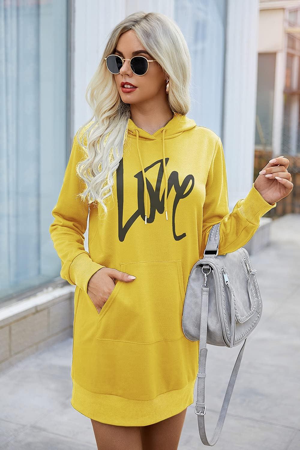 imagePRETTYGARDEN Womens Hooded Sweatshirt Fall Fashion Drawstring Lightweight Long Sleeve Pullover Hoodie DressYellow