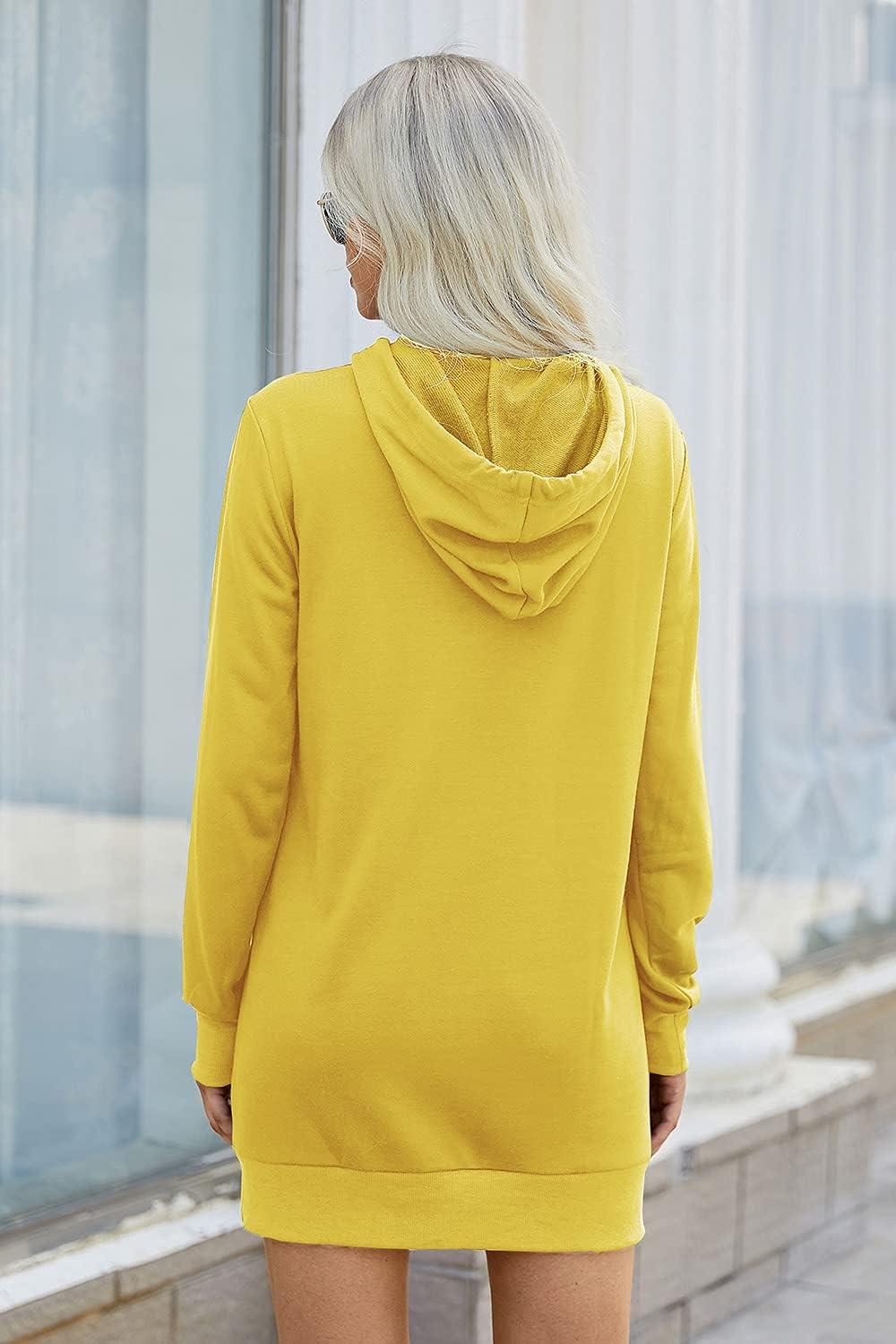 imagePRETTYGARDEN Womens Hooded Sweatshirt Fall Fashion Drawstring Lightweight Long Sleeve Pullover Hoodie DressYellow