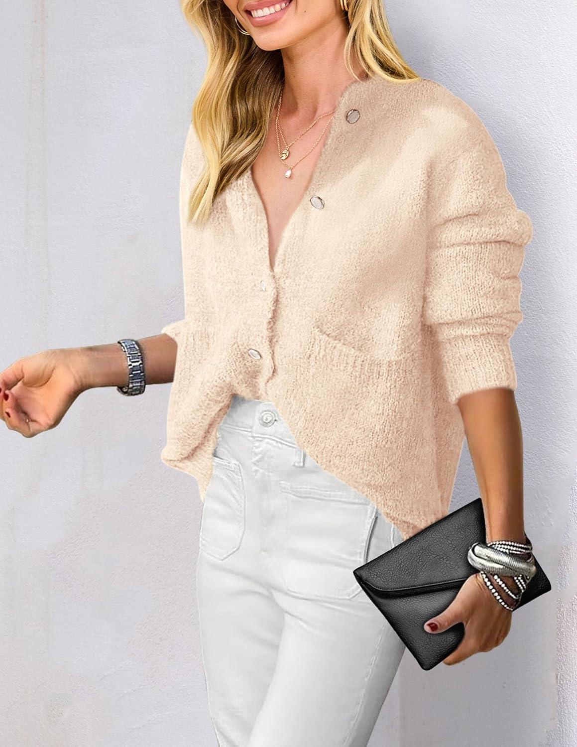 imagePRETTYGARDEN Womens Knit Cardigan Sweaters Casual Long Sleeve Open Front Button Up Ribbed Fall Spring Sweater JacketsBeige