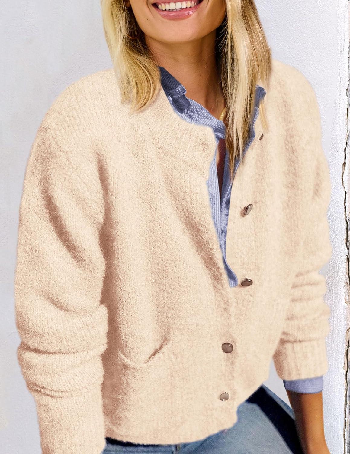imagePRETTYGARDEN Womens Knit Cardigan Sweaters Casual Long Sleeve Open Front Button Up Ribbed Fall Spring Sweater JacketsBeige
