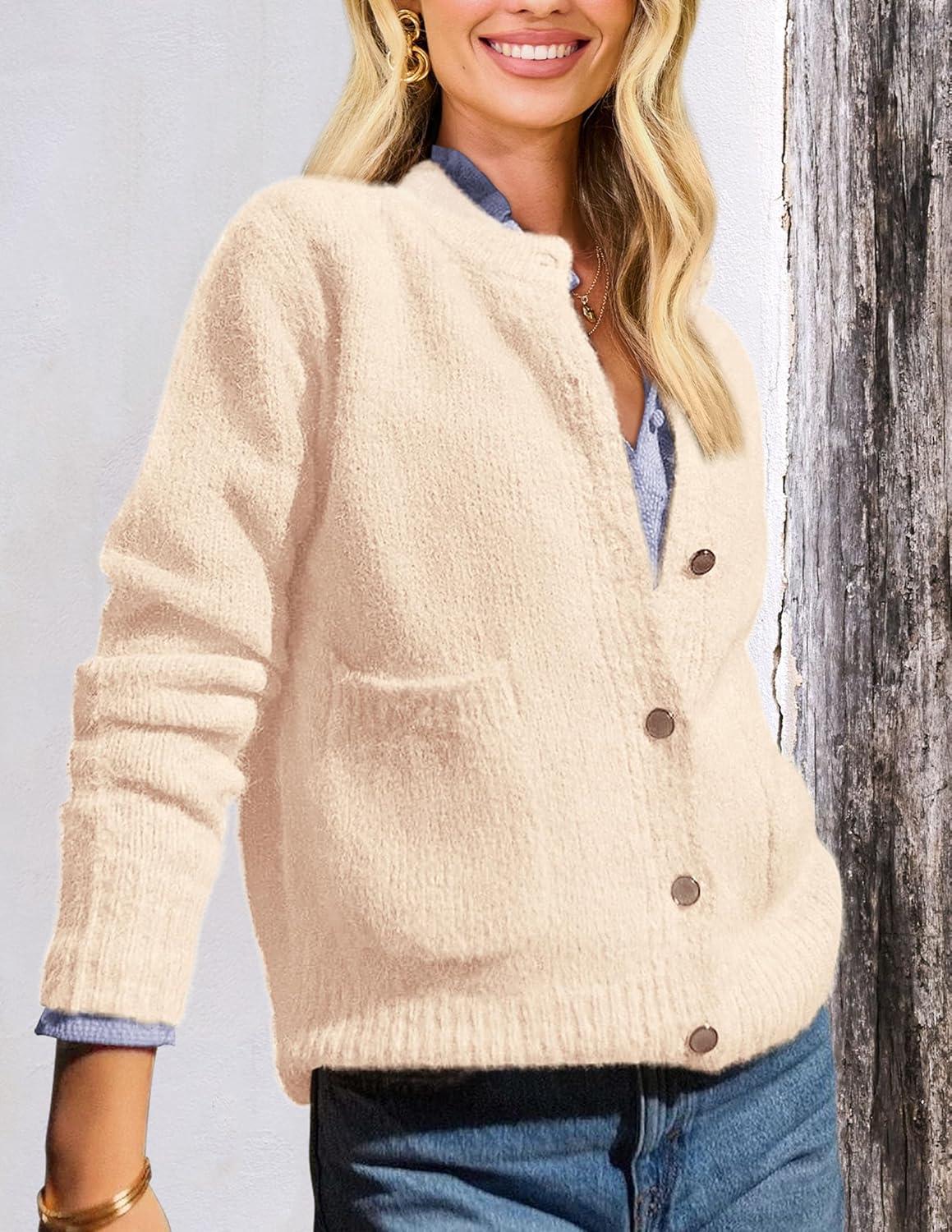 imagePRETTYGARDEN Womens Knit Cardigan Sweaters Casual Long Sleeve Open Front Button Up Ribbed Fall Spring Sweater JacketsBeige