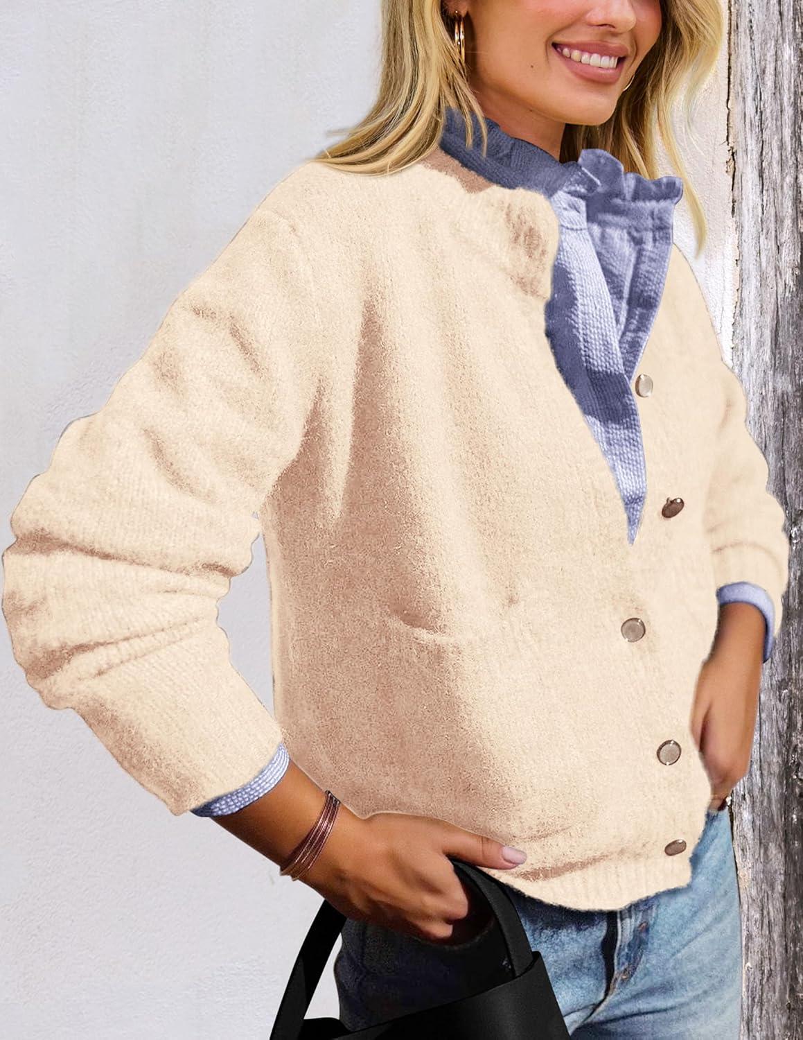 imagePRETTYGARDEN Womens Knit Cardigan Sweaters Casual Long Sleeve Open Front Button Up Ribbed Fall Spring Sweater JacketsBeige