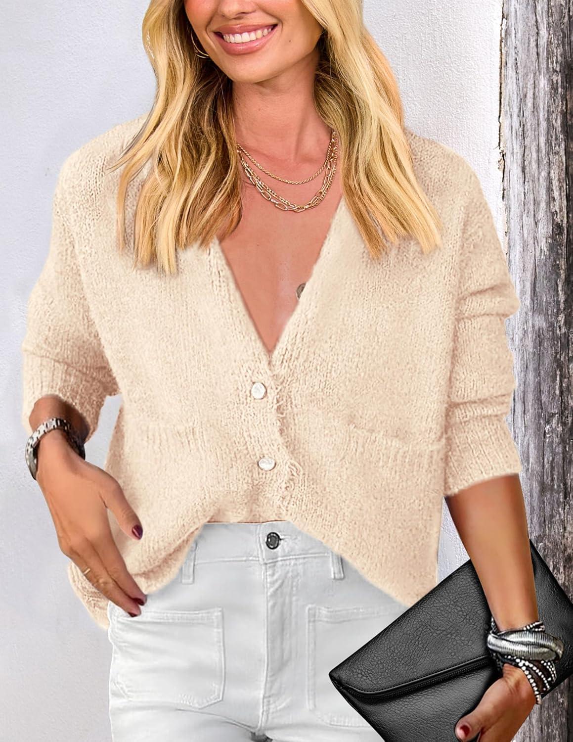 imagePRETTYGARDEN Womens Knit Cardigan Sweaters Casual Long Sleeve Open Front Button Up Ribbed Fall Spring Sweater JacketsBeige
