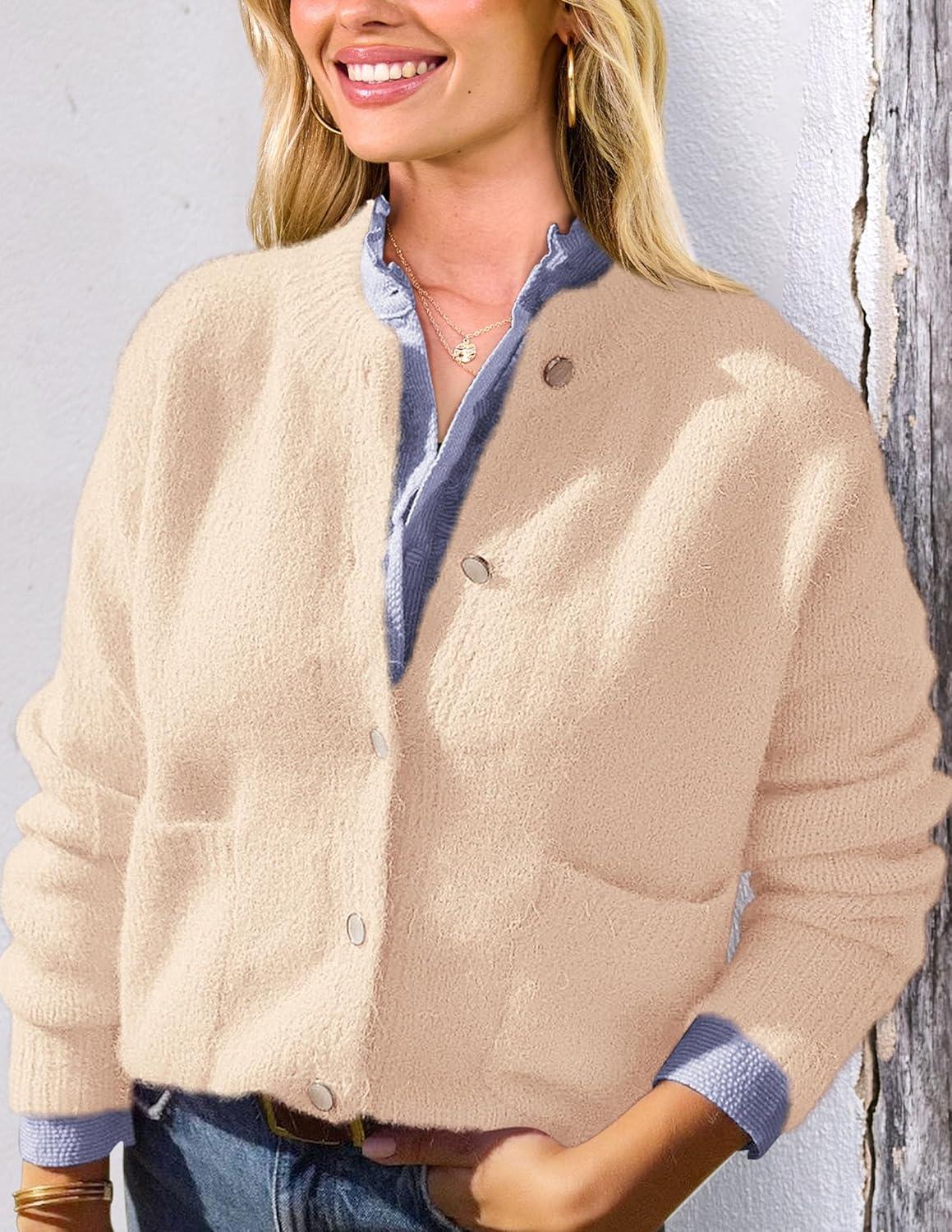 imagePRETTYGARDEN Womens Knit Cardigan Sweaters Casual Long Sleeve Open Front Button Up Ribbed Fall Spring Sweater JacketsBeige