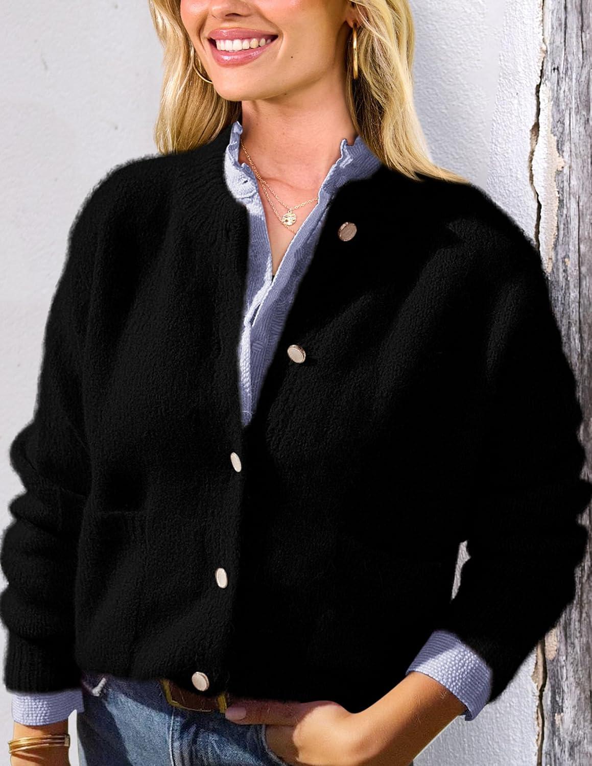 imagePRETTYGARDEN Womens Knit Cardigan Sweaters Casual Long Sleeve Open Front Button Up Ribbed Fall Spring Sweater JacketsBlack