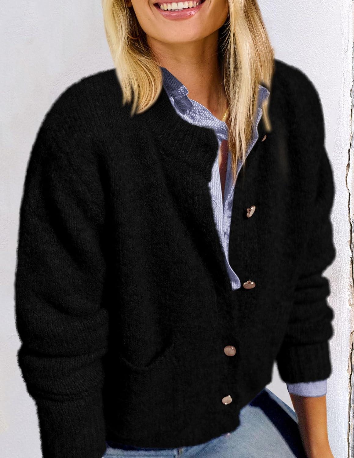 imagePRETTYGARDEN Womens Knit Cardigan Sweaters Casual Long Sleeve Open Front Button Up Ribbed Fall Spring Sweater JacketsBlack