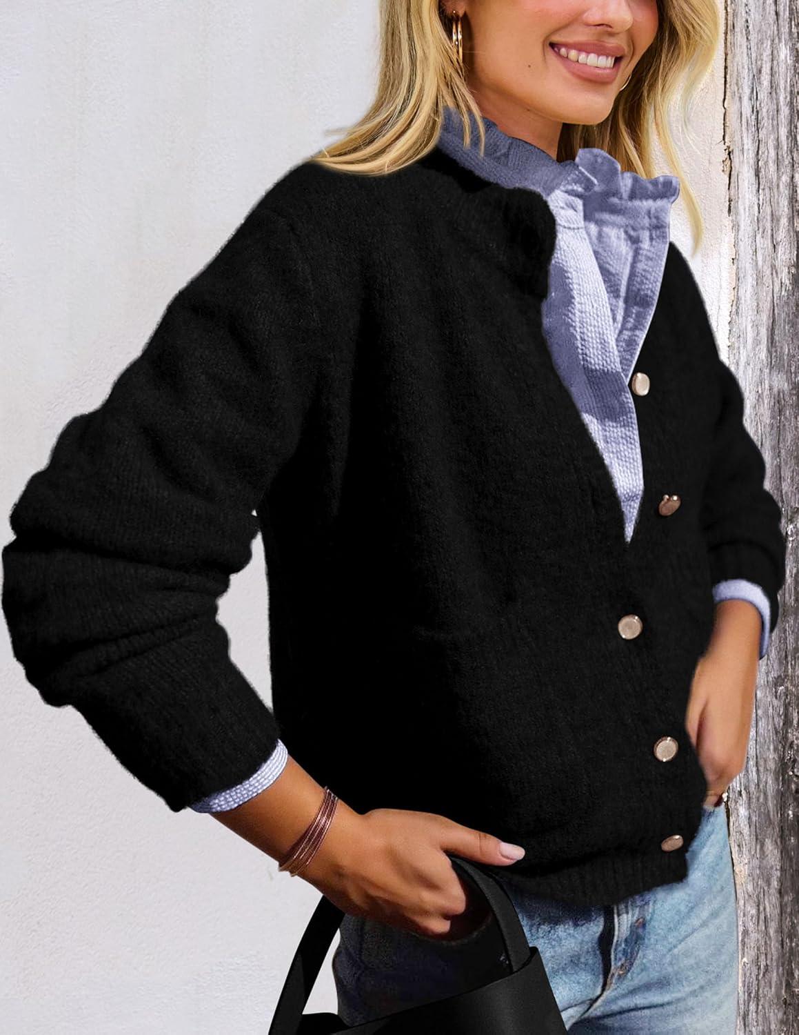 imagePRETTYGARDEN Womens Knit Cardigan Sweaters Casual Long Sleeve Open Front Button Up Ribbed Fall Spring Sweater JacketsBlack
