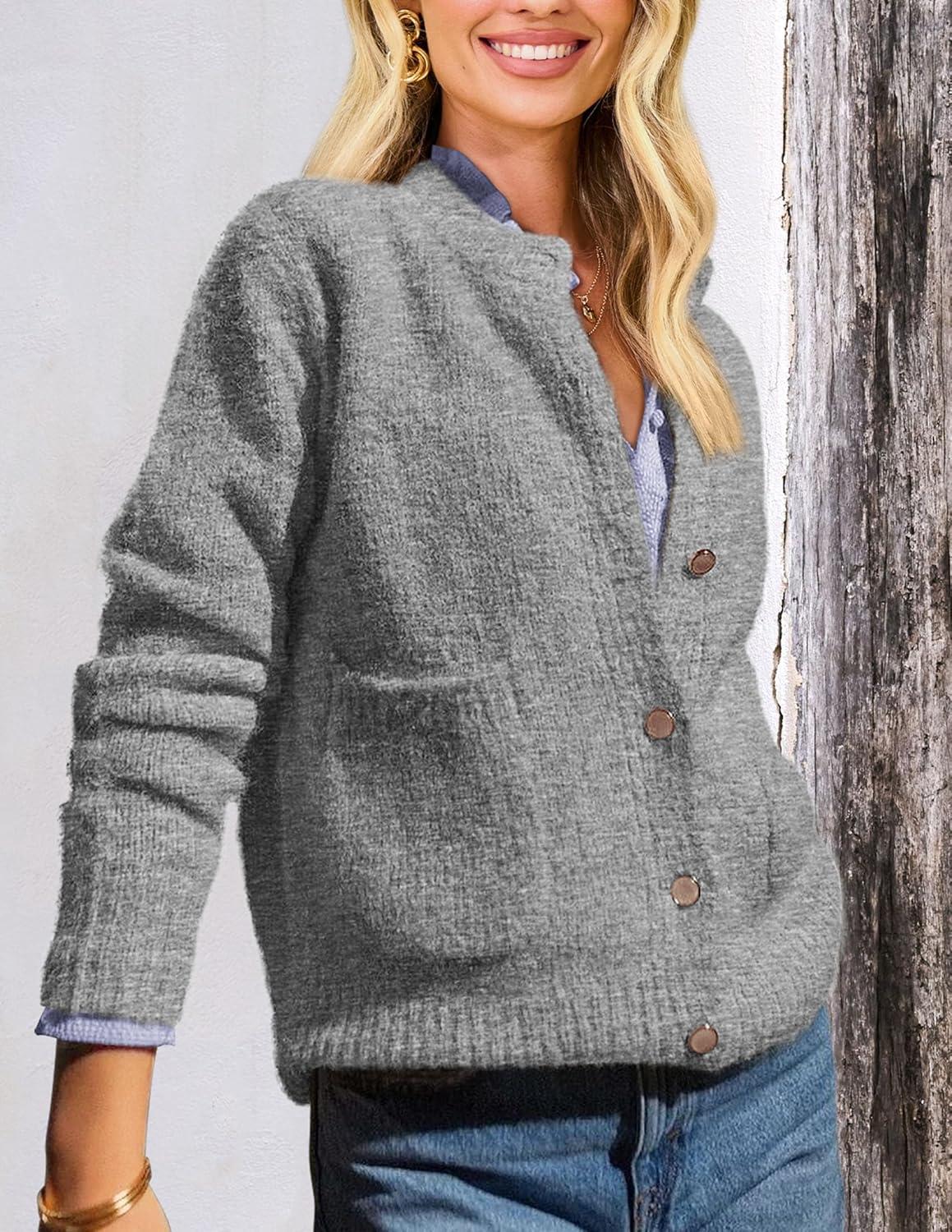 imagePRETTYGARDEN Womens Knit Cardigan Sweaters Casual Long Sleeve Open Front Button Up Ribbed Fall Spring Sweater JacketsGrey