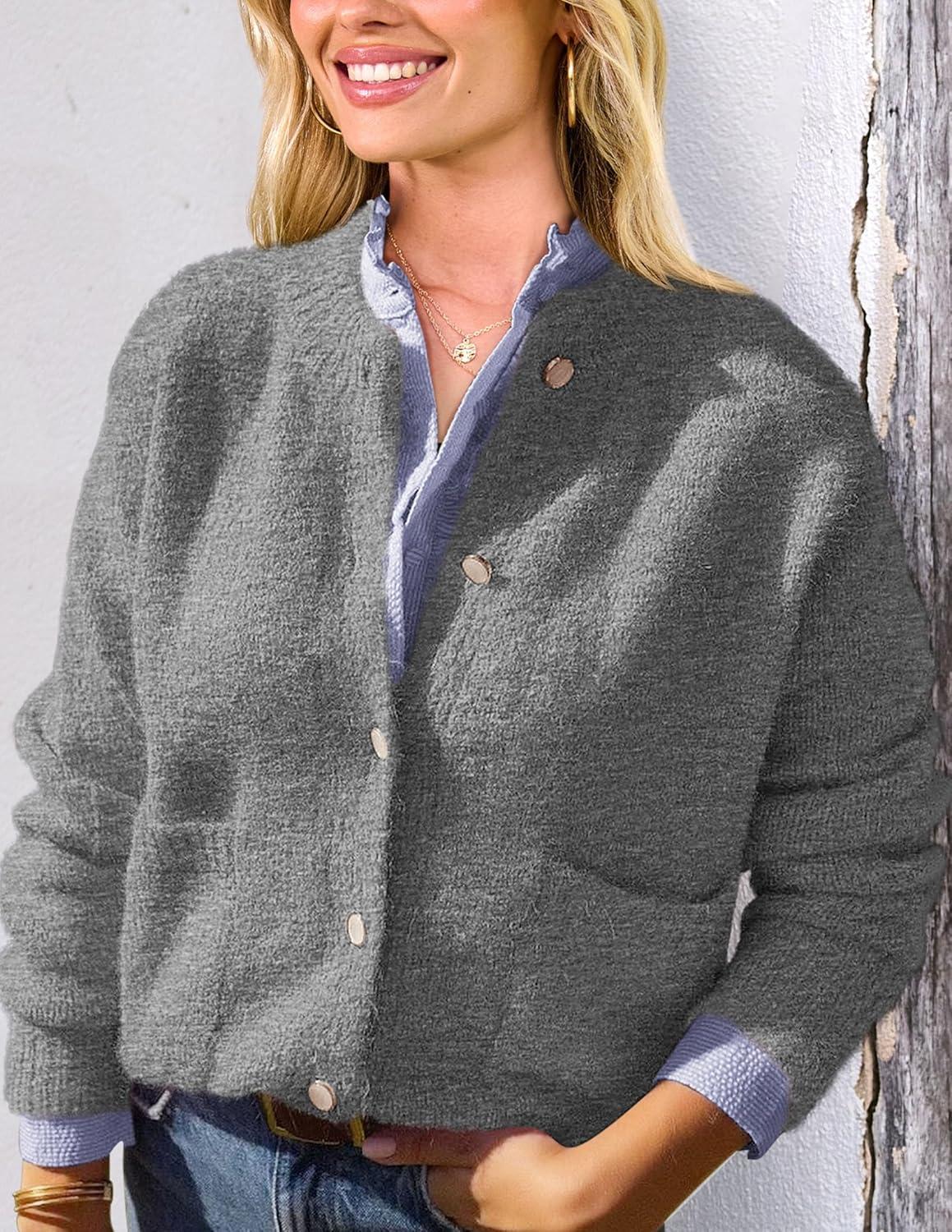 imagePRETTYGARDEN Womens Knit Cardigan Sweaters Casual Long Sleeve Open Front Button Up Ribbed Fall Spring Sweater JacketsGrey