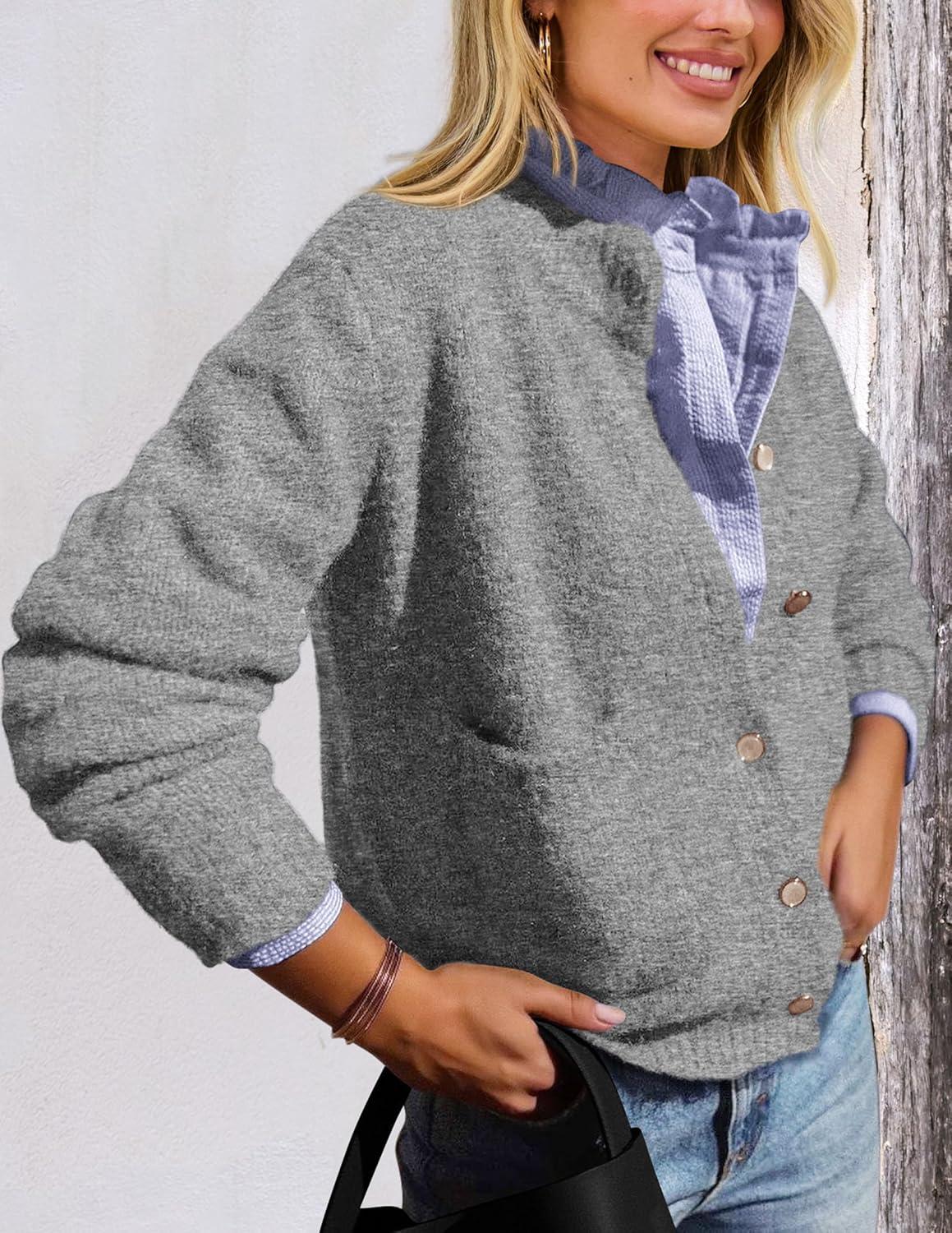 imagePRETTYGARDEN Womens Knit Cardigan Sweaters Casual Long Sleeve Open Front Button Up Ribbed Fall Spring Sweater JacketsGrey