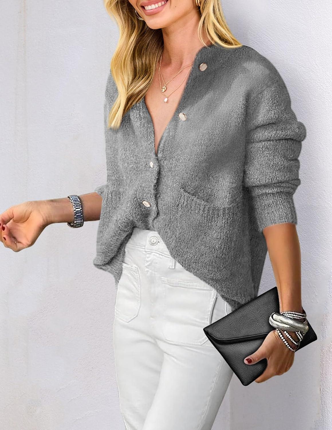 imagePRETTYGARDEN Womens Knit Cardigan Sweaters Casual Long Sleeve Open Front Button Up Ribbed Fall Spring Sweater JacketsGrey