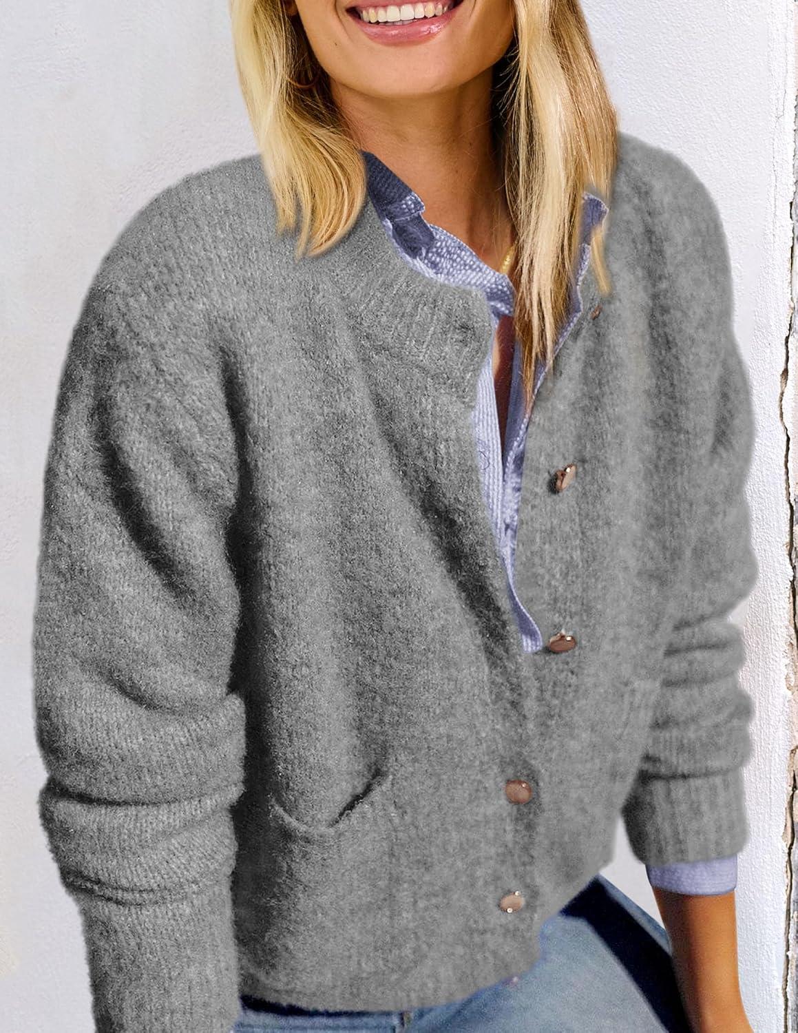 imagePRETTYGARDEN Womens Knit Cardigan Sweaters Casual Long Sleeve Open Front Button Up Ribbed Fall Spring Sweater JacketsGrey