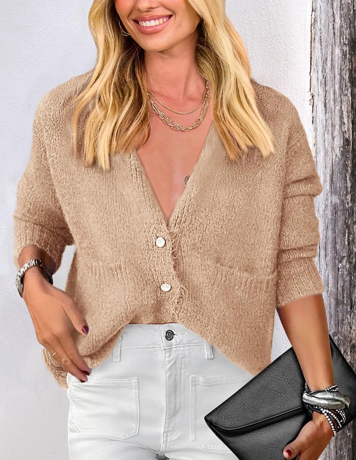 imagePRETTYGARDEN Womens Knit Cardigan Sweaters Casual Long Sleeve Open Front Button Up Ribbed Fall Spring Sweater JacketsKhaki