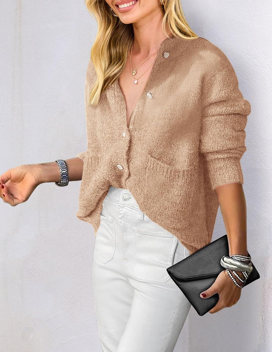 imagePRETTYGARDEN Womens Knit Cardigan Sweaters Casual Long Sleeve Open Front Button Up Ribbed Fall Spring Sweater JacketsKhaki