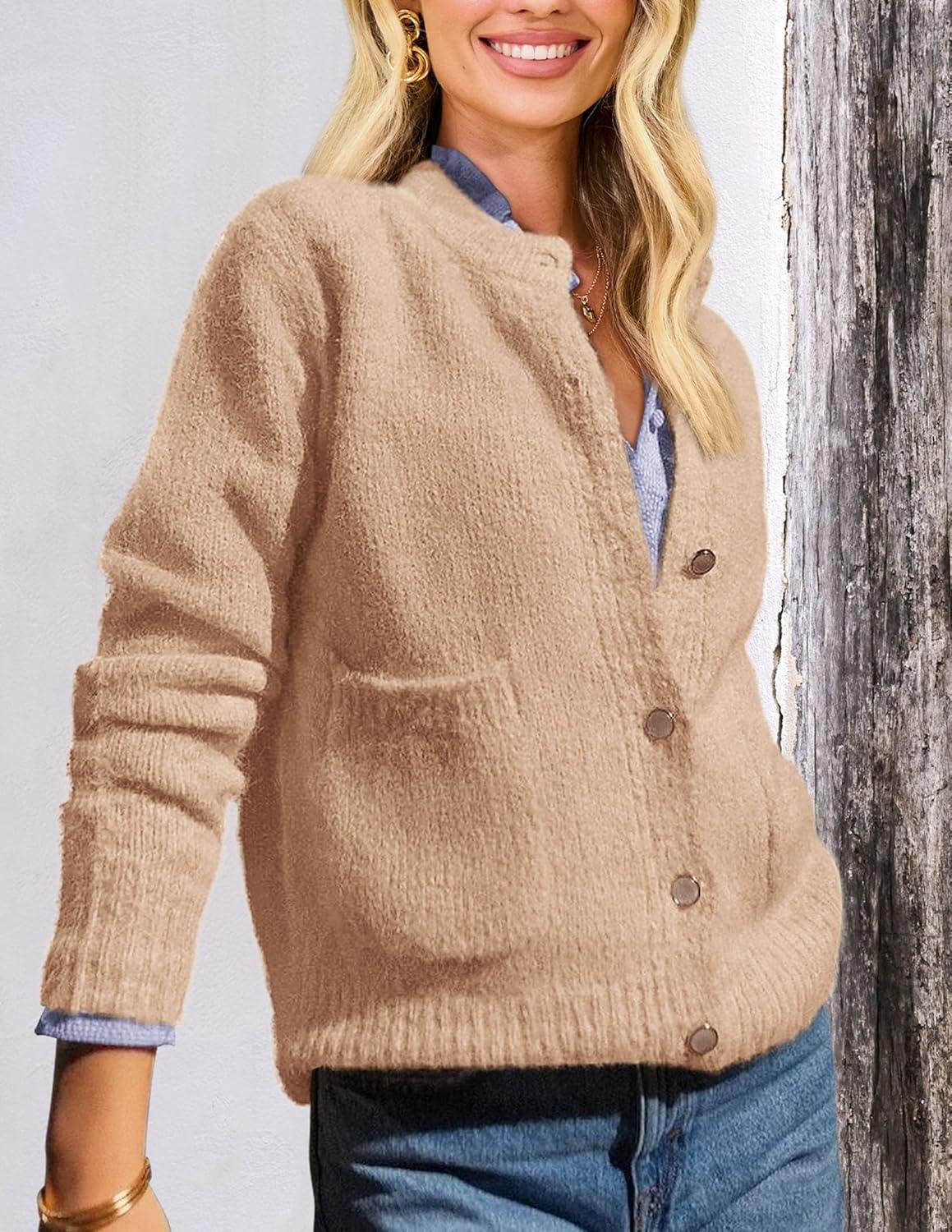 imagePRETTYGARDEN Womens Knit Cardigan Sweaters Casual Long Sleeve Open Front Button Up Ribbed Fall Spring Sweater JacketsKhaki