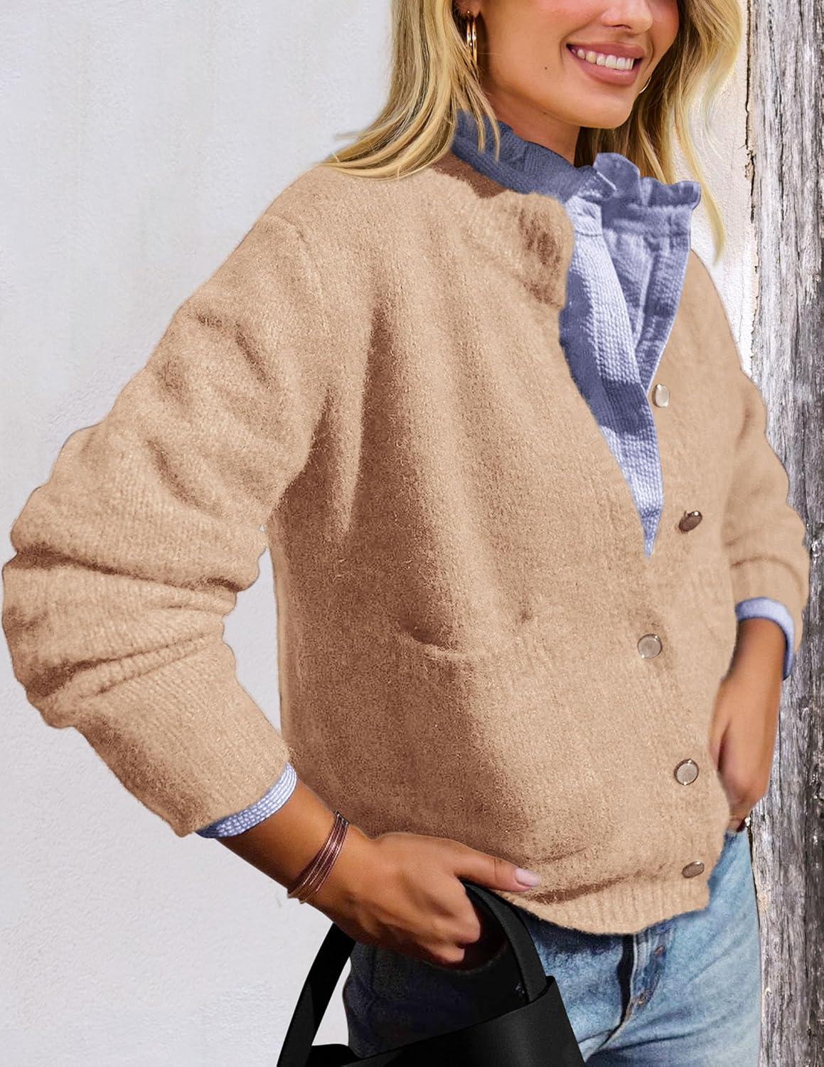 imagePRETTYGARDEN Womens Knit Cardigan Sweaters Casual Long Sleeve Open Front Button Up Ribbed Fall Spring Sweater JacketsKhaki