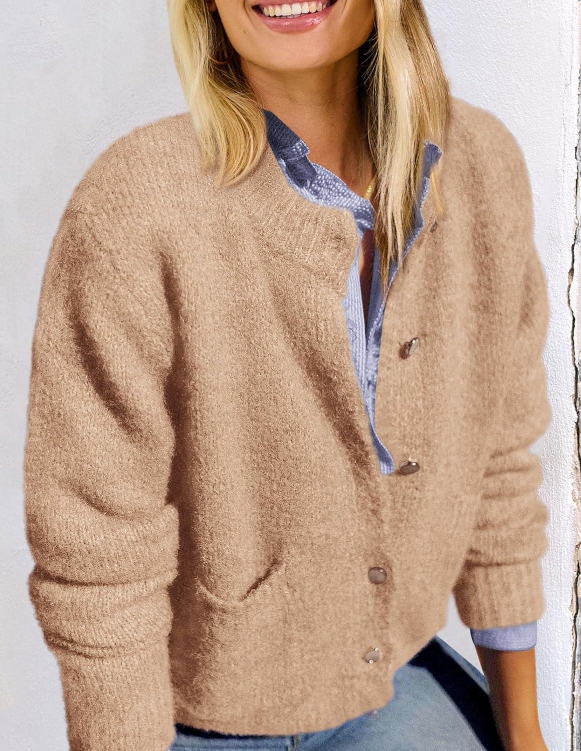 imagePRETTYGARDEN Womens Knit Cardigan Sweaters Casual Long Sleeve Open Front Button Up Ribbed Fall Spring Sweater JacketsKhaki