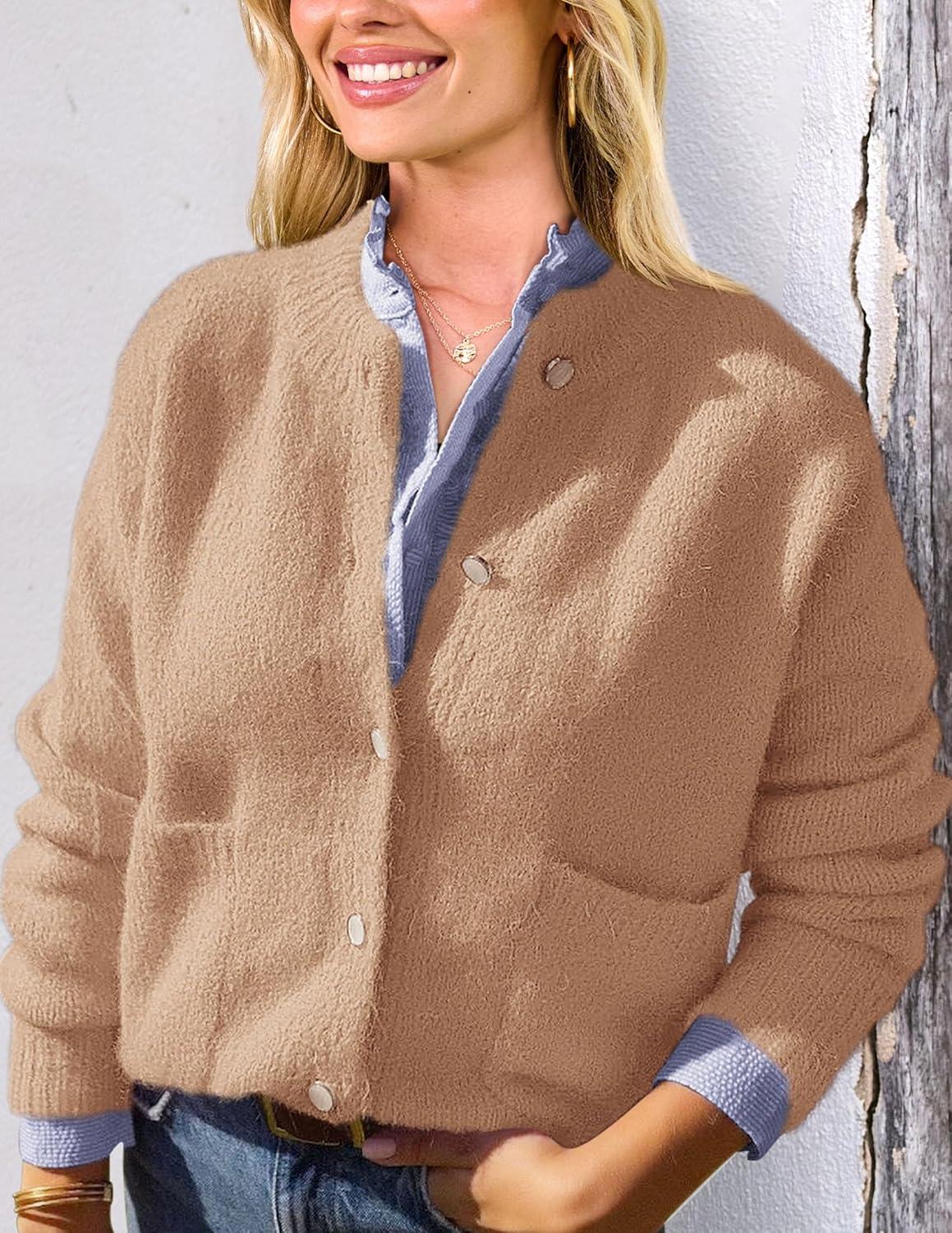 imagePRETTYGARDEN Womens Knit Cardigan Sweaters Casual Long Sleeve Open Front Button Up Ribbed Fall Spring Sweater JacketsKhaki