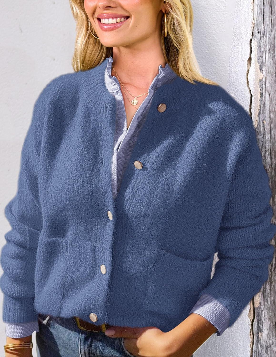 imagePRETTYGARDEN Womens Knit Cardigan Sweaters Casual Long Sleeve Open Front Button Up Ribbed Fall Spring Sweater JacketsMist Blue