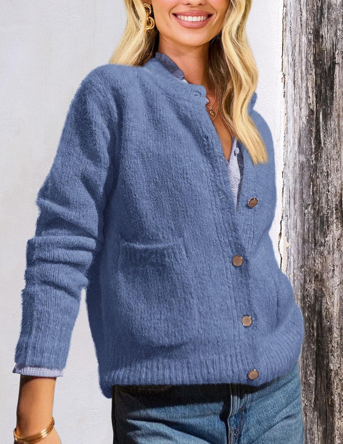imagePRETTYGARDEN Womens Knit Cardigan Sweaters Casual Long Sleeve Open Front Button Up Ribbed Fall Spring Sweater JacketsMist Blue