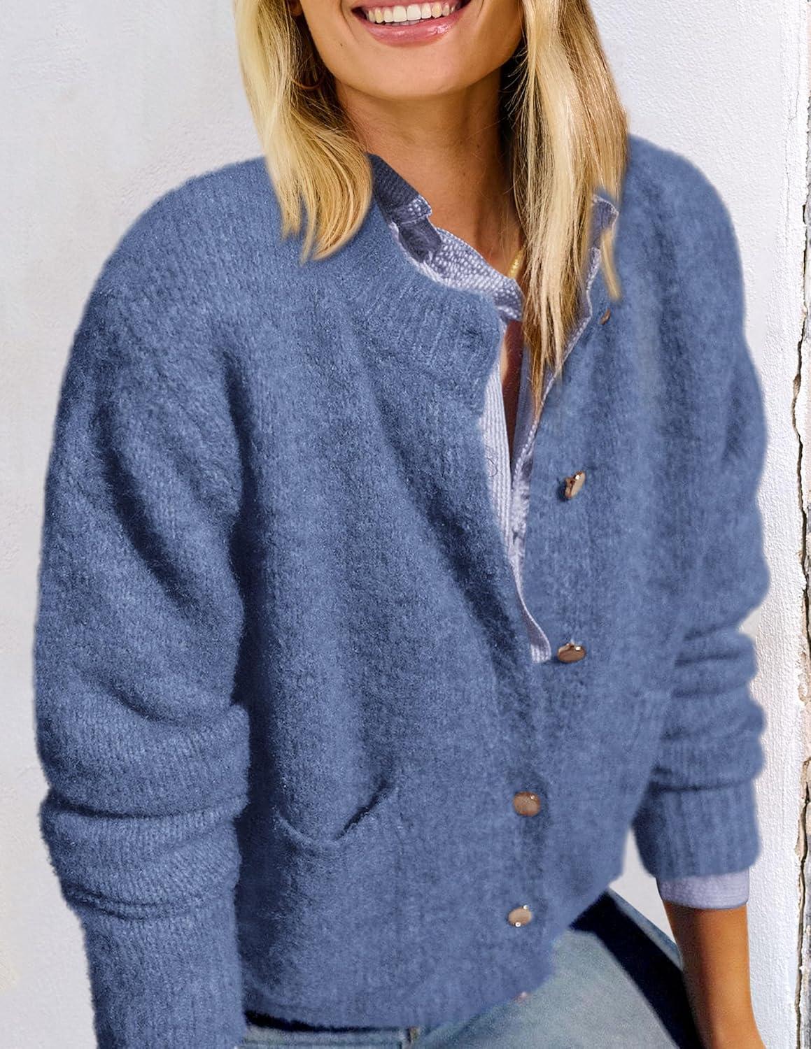 imagePRETTYGARDEN Womens Knit Cardigan Sweaters Casual Long Sleeve Open Front Button Up Ribbed Fall Spring Sweater JacketsMist Blue