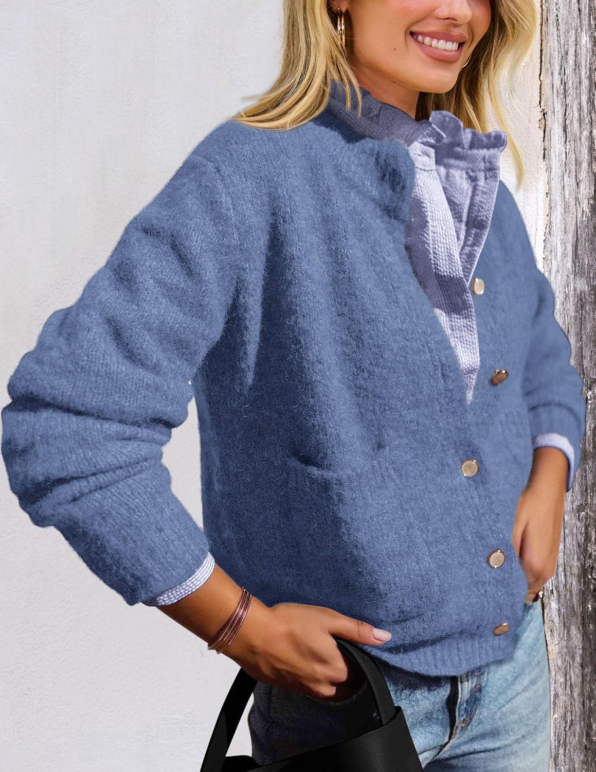imagePRETTYGARDEN Womens Knit Cardigan Sweaters Casual Long Sleeve Open Front Button Up Ribbed Fall Spring Sweater JacketsMist Blue