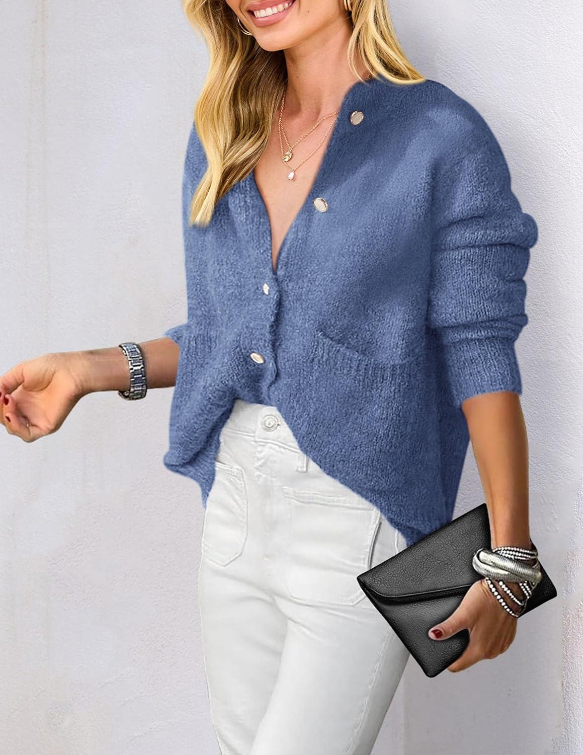 imagePRETTYGARDEN Womens Knit Cardigan Sweaters Casual Long Sleeve Open Front Button Up Ribbed Fall Spring Sweater JacketsMist Blue