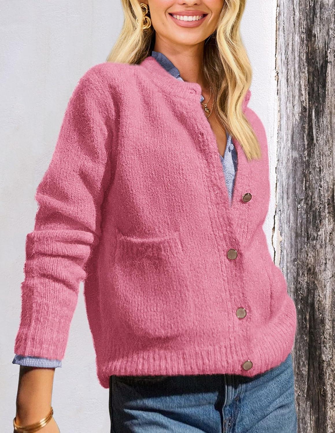 imagePRETTYGARDEN Womens Knit Cardigan Sweaters Casual Long Sleeve Open Front Button Up Ribbed Fall Spring Sweater JacketsRose Red