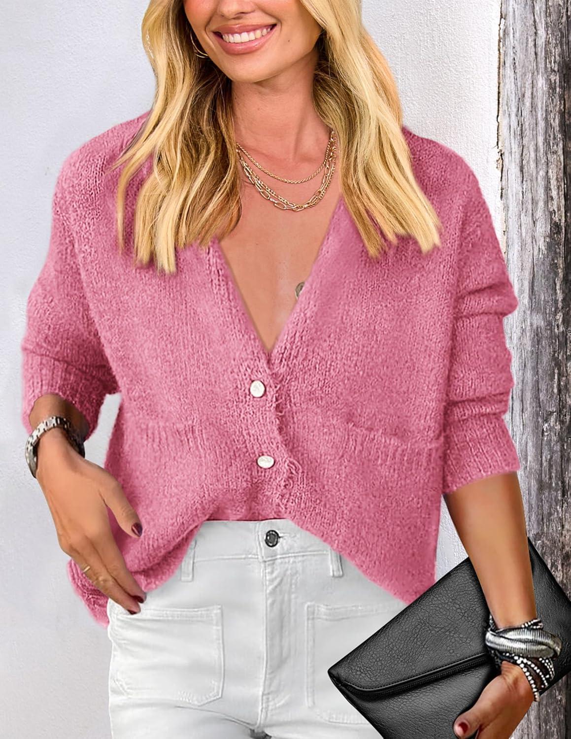 imagePRETTYGARDEN Womens Knit Cardigan Sweaters Casual Long Sleeve Open Front Button Up Ribbed Fall Spring Sweater JacketsRose Red