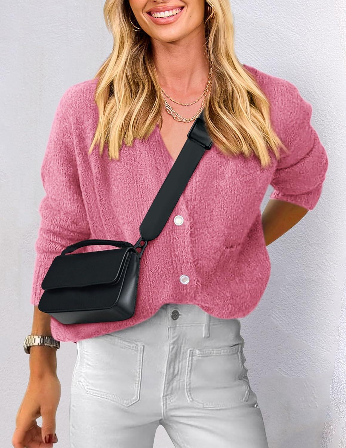 imagePRETTYGARDEN Womens Knit Cardigan Sweaters Casual Long Sleeve Open Front Button Up Ribbed Fall Spring Sweater JacketsRose Red