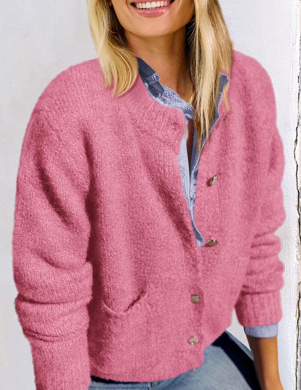 imagePRETTYGARDEN Womens Knit Cardigan Sweaters Casual Long Sleeve Open Front Button Up Ribbed Fall Spring Sweater JacketsRose Red