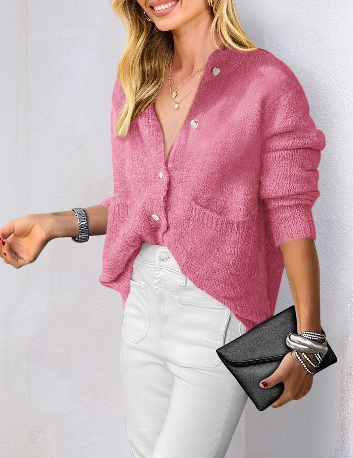 imagePRETTYGARDEN Womens Knit Cardigan Sweaters Casual Long Sleeve Open Front Button Up Ribbed Fall Spring Sweater JacketsRose Red