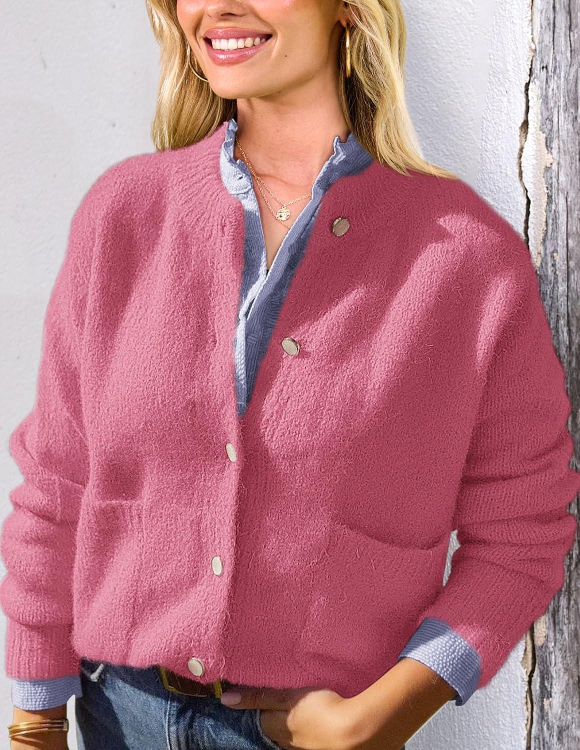 imagePRETTYGARDEN Womens Knit Cardigan Sweaters Casual Long Sleeve Open Front Button Up Ribbed Fall Spring Sweater JacketsRose Red