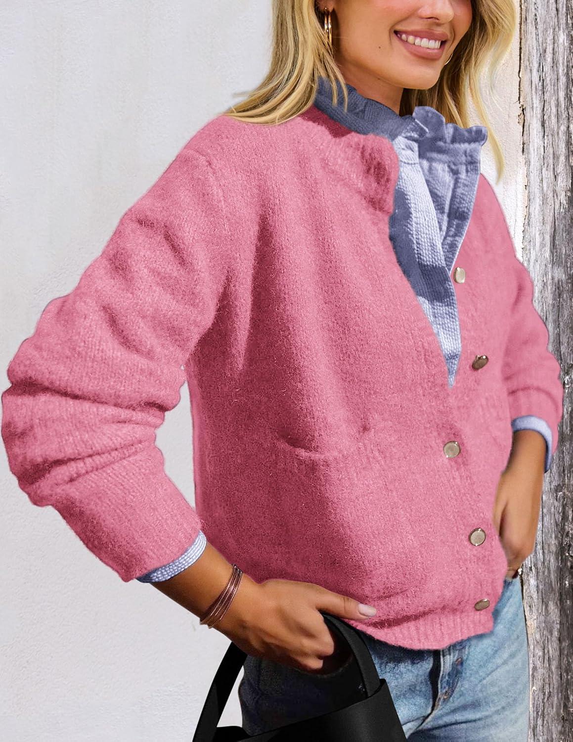 imagePRETTYGARDEN Womens Knit Cardigan Sweaters Casual Long Sleeve Open Front Button Up Ribbed Fall Spring Sweater JacketsRose Red