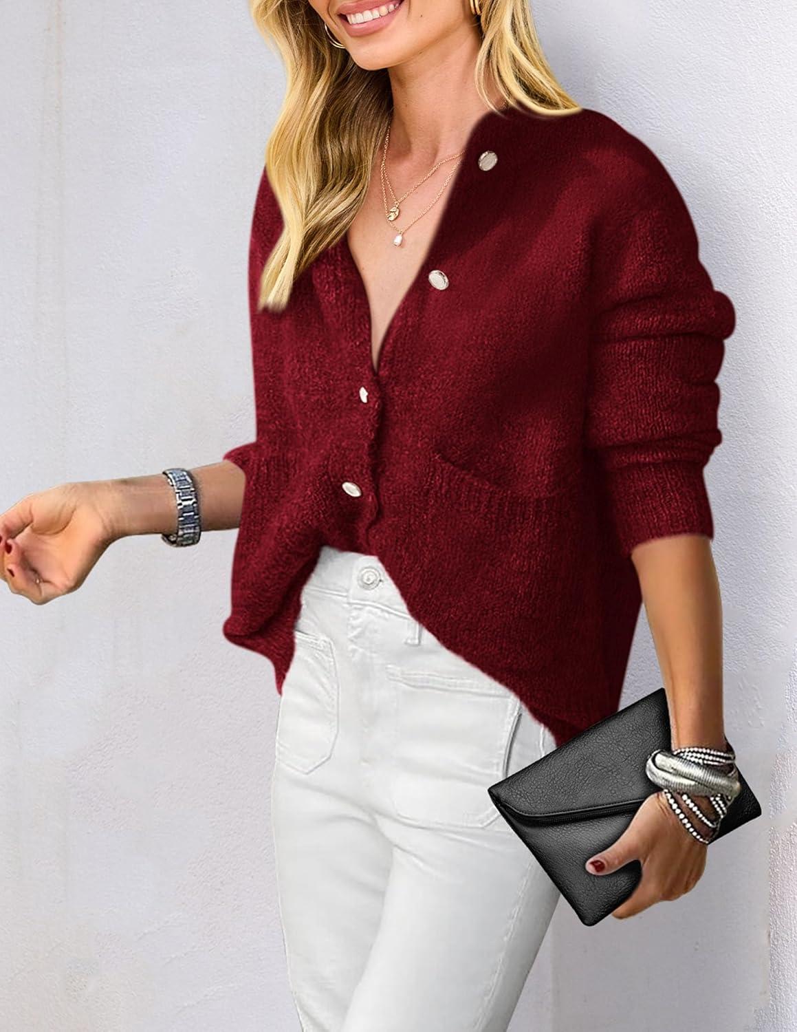 imagePRETTYGARDEN Womens Knit Cardigan Sweaters Casual Long Sleeve Open Front Button Up Ribbed Fall Spring Sweater JacketsWine Red