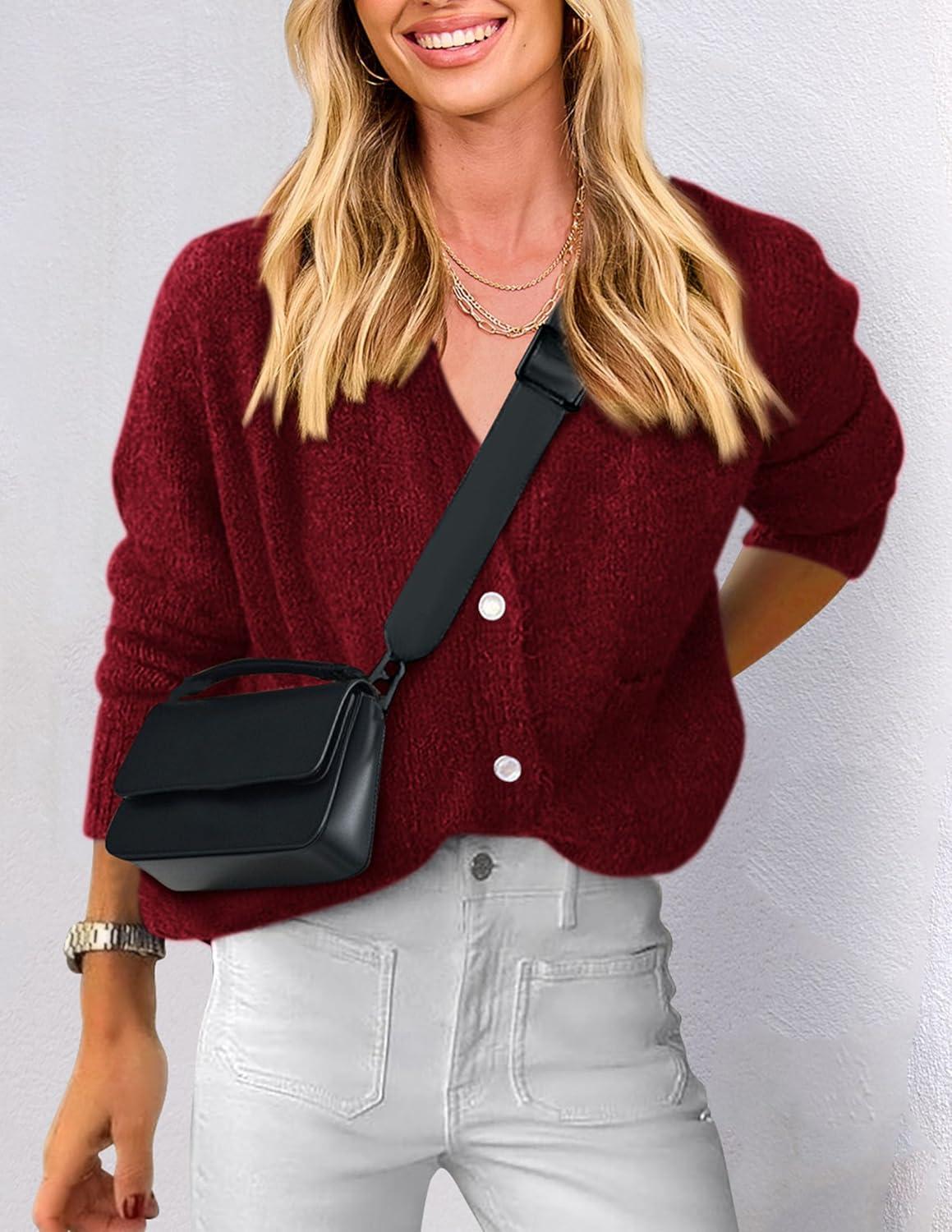 imagePRETTYGARDEN Womens Knit Cardigan Sweaters Casual Long Sleeve Open Front Button Up Ribbed Fall Spring Sweater JacketsWine Red
