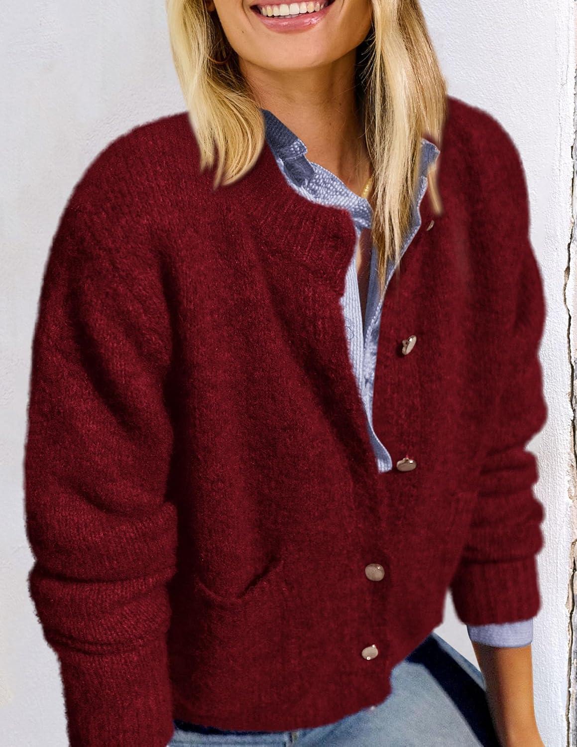 imagePRETTYGARDEN Womens Knit Cardigan Sweaters Casual Long Sleeve Open Front Button Up Ribbed Fall Spring Sweater JacketsWine Red