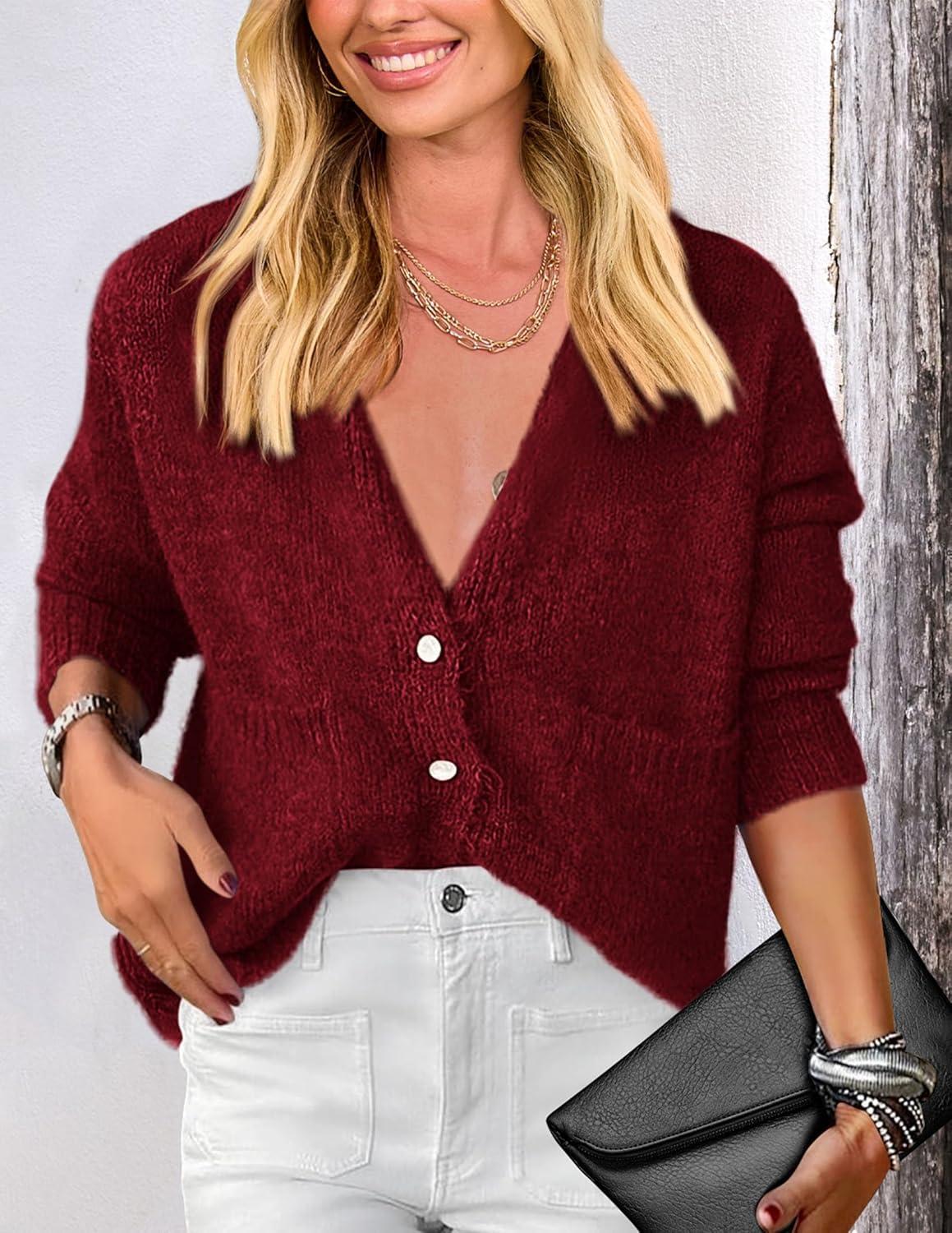 imagePRETTYGARDEN Womens Knit Cardigan Sweaters Casual Long Sleeve Open Front Button Up Ribbed Fall Spring Sweater JacketsWine Red