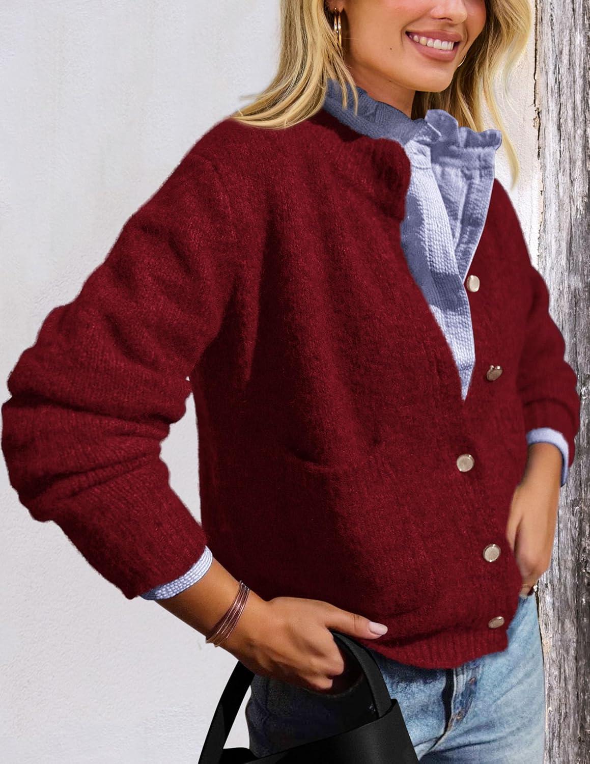 imagePRETTYGARDEN Womens Knit Cardigan Sweaters Casual Long Sleeve Open Front Button Up Ribbed Fall Spring Sweater JacketsWine Red