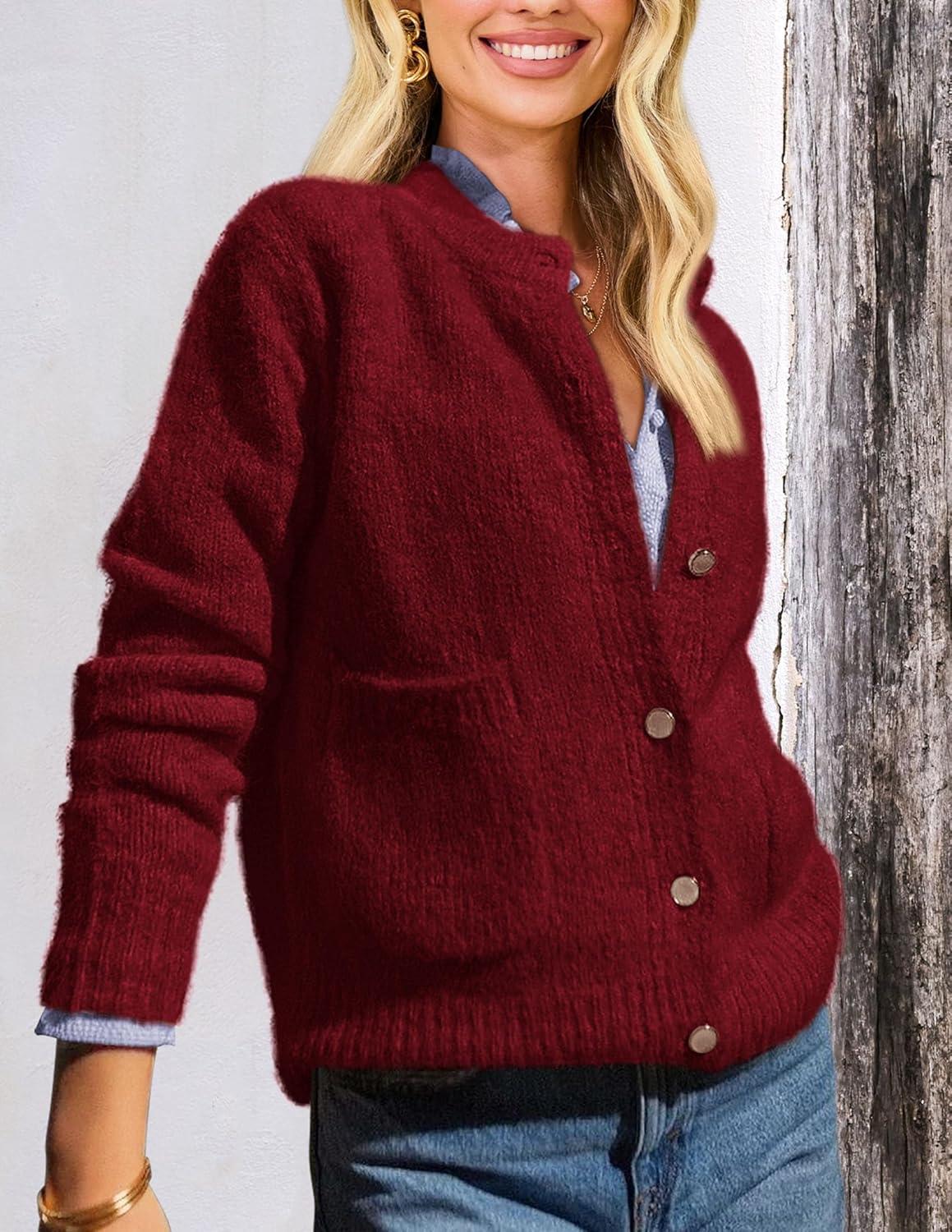 imagePRETTYGARDEN Womens Knit Cardigan Sweaters Casual Long Sleeve Open Front Button Up Ribbed Fall Spring Sweater JacketsWine Red