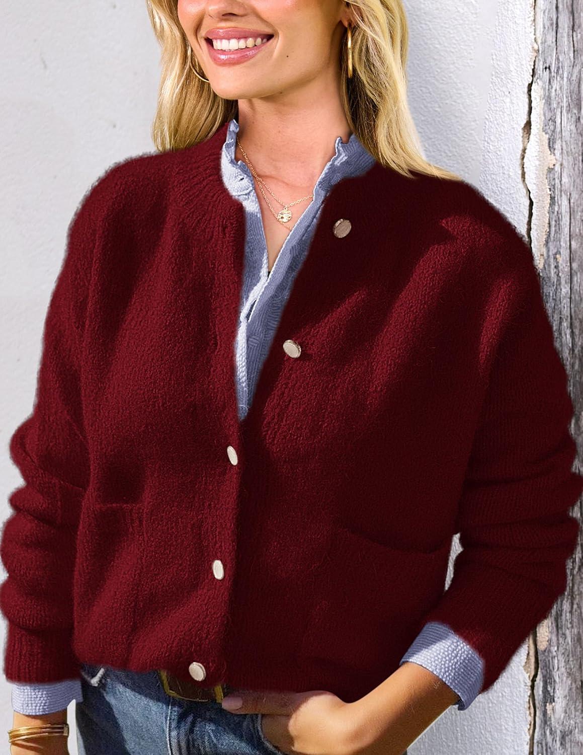 imagePRETTYGARDEN Womens Knit Cardigan Sweaters Casual Long Sleeve Open Front Button Up Ribbed Fall Spring Sweater JacketsWine Red