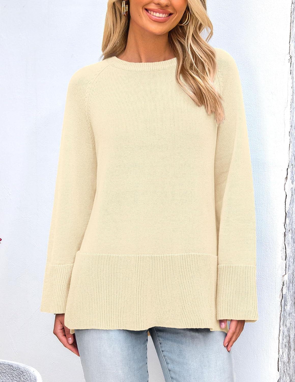 imagePRETTYGARDEN Womens Knit Fall Sweaters Long Sleeve Pullover Crewneck Split Hem Oversized Tunic Sweater Tops Winter ClothingBeige