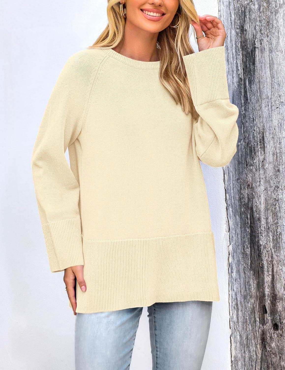 imagePRETTYGARDEN Womens Knit Fall Sweaters Long Sleeve Pullover Crewneck Split Hem Oversized Tunic Sweater Tops Winter ClothingBeige