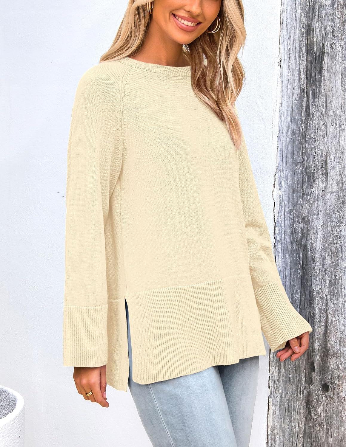 imagePRETTYGARDEN Womens Knit Fall Sweaters Long Sleeve Pullover Crewneck Split Hem Oversized Tunic Sweater Tops Winter ClothingBeige