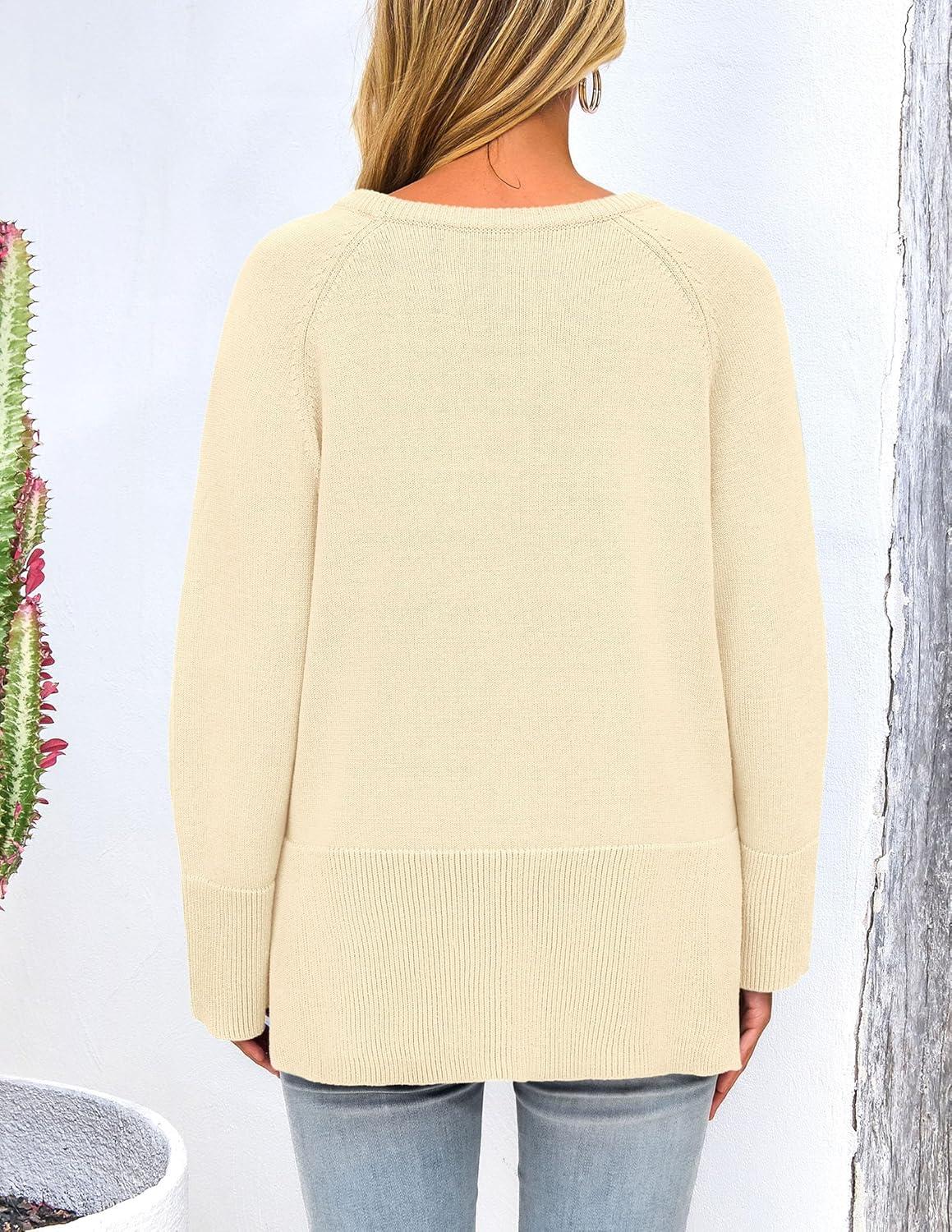 imagePRETTYGARDEN Womens Knit Fall Sweaters Long Sleeve Pullover Crewneck Split Hem Oversized Tunic Sweater Tops Winter ClothingBeige