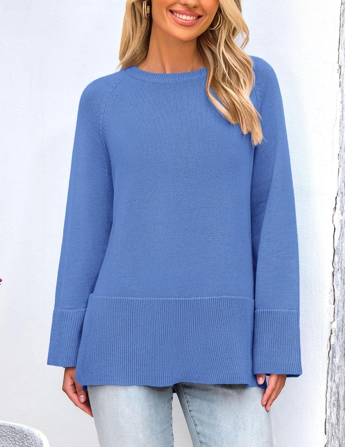 imagePRETTYGARDEN Womens Knit Fall Sweaters Long Sleeve Pullover Crewneck Split Hem Oversized Tunic Sweater Tops Winter ClothingBlue